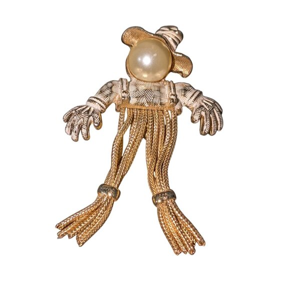 Vintage Scarecrow Brooch Fringe Legs Faux Pearl Head - Picture 3 of 7
